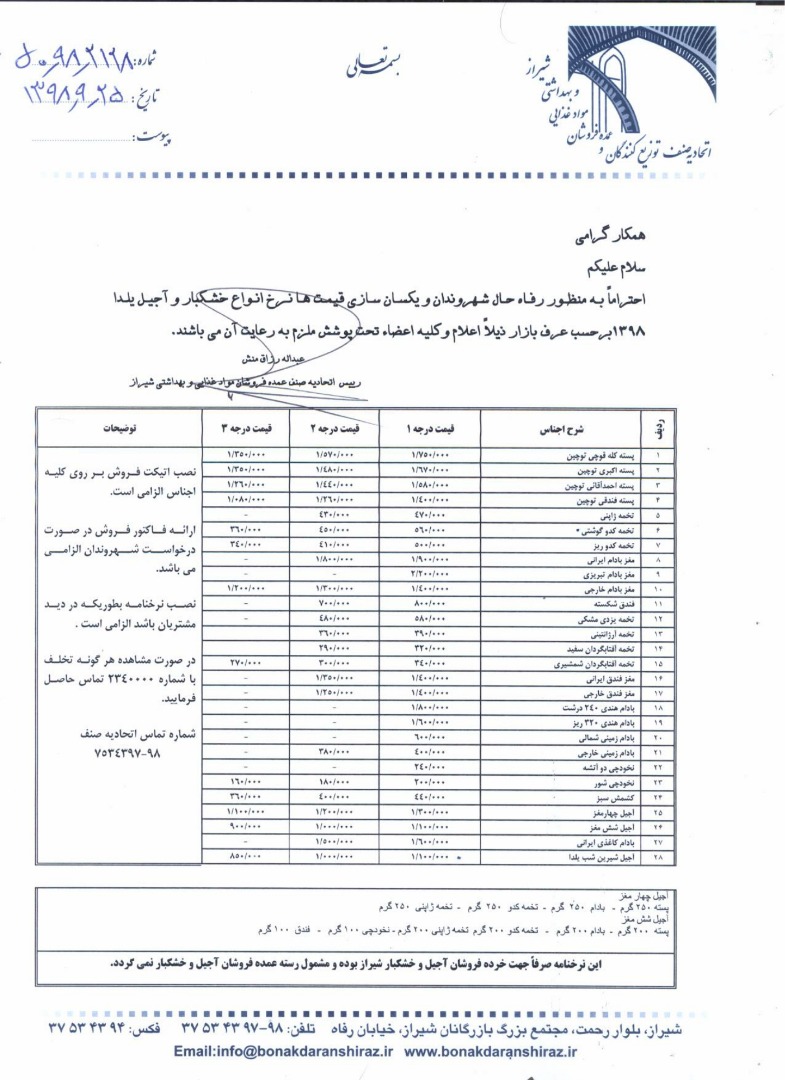 نرخ آجیل و خشکبار شب یلدا نرخ آجیل و خشکبار شب یلدا