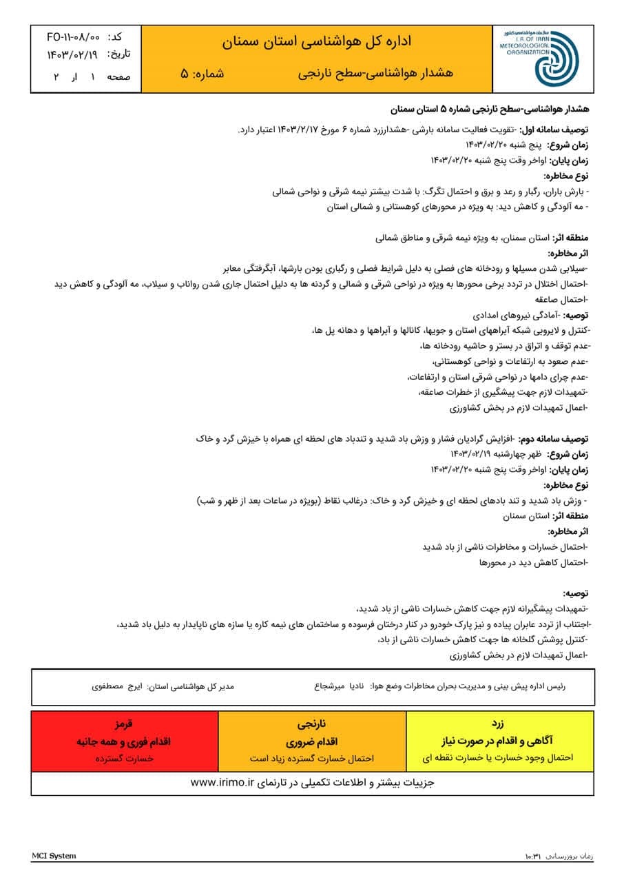 اعلام هشدار نارنجی باد و باران در استان سمنان