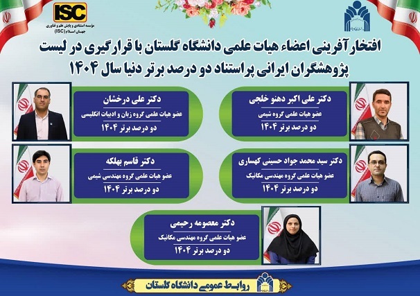 ۵ عضو هیئت علمی دانشگاه گلستان در فهرست دانشمندان ۲ درصد برتر جهان در سال ۵ عضو هیئت علمی دانشگاه گلستان در فهرست دانشمندان ۲ درصد برتر جهان در سال