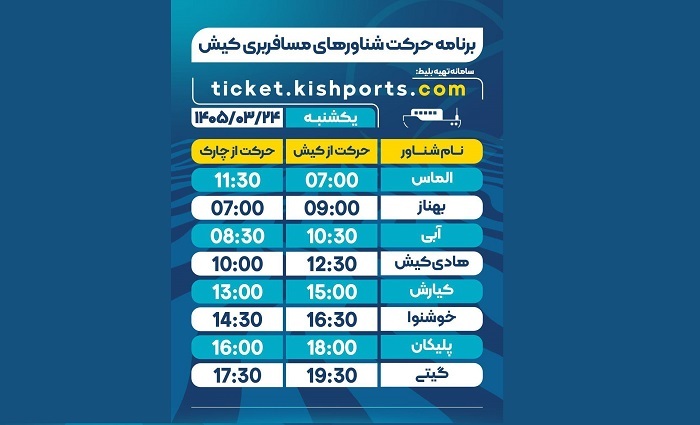 برنامه حرکت شناورهای مسافربری و حمل خودرو کیش، یکشنبه ۲۴ خرداد برنامه حرکت شناورهای مسافربری و حمل خودرو کیش، یکشنبه ۲۴ خرداد