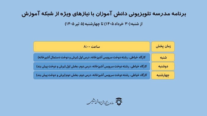 جدول زمانی پخش مدرسه تلویزیونی دانشآموزان با نیازهای ویژه جدول زمانی پخش مدرسه تلویزیونی دانشآموزان با نیازهای ویژه